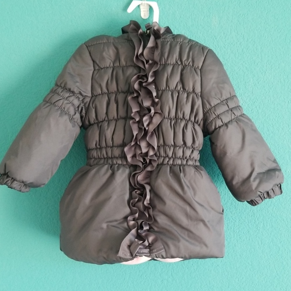 Pink Platinum Gray Ruffle Hooded Puffer Coat